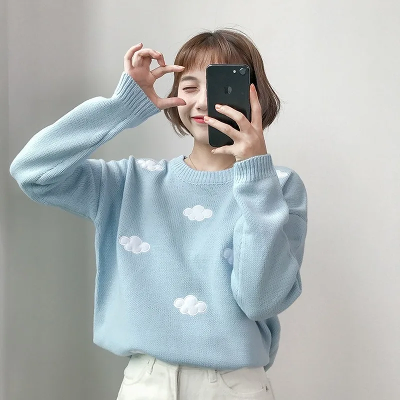 2019 женский свитер Kawaii Ulzzang в винтажном стиле для колледжа свободный с облаками