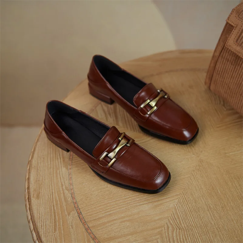 

COOLULU 2021 Spring Loafers Shoes Woman Low Heels Block Heel Pumps Metal Decoration Square Toe Female Footwear Beige Big Size 43