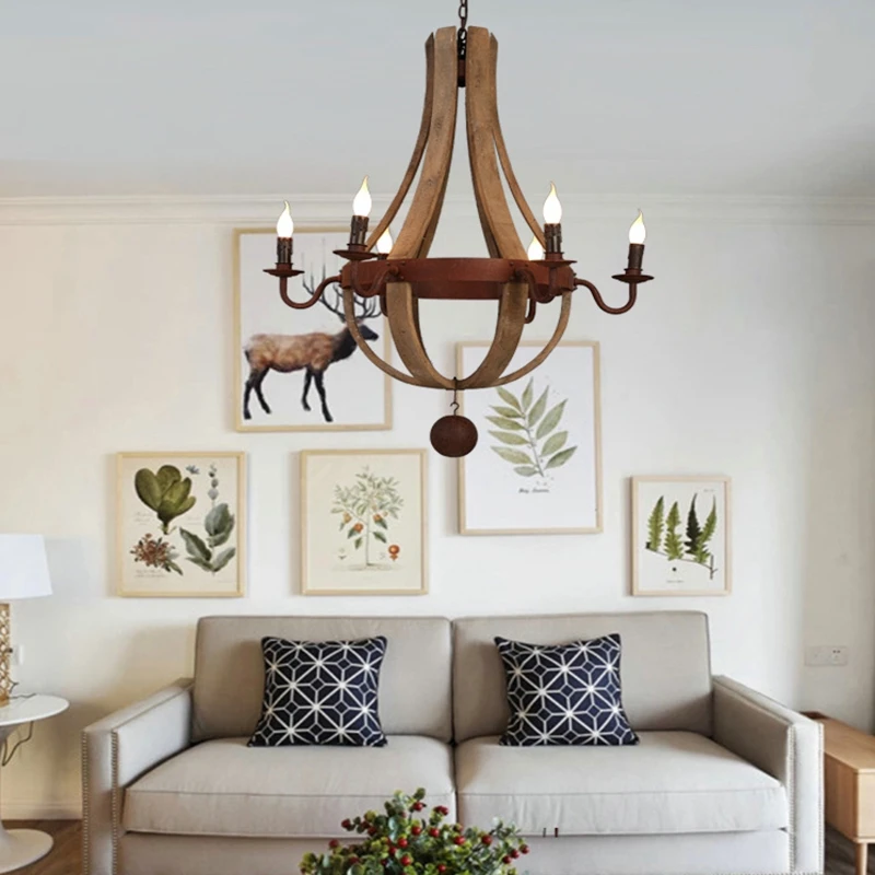 Американский кантри 6 головок люстра личность винтажная деревянная Подвесная
