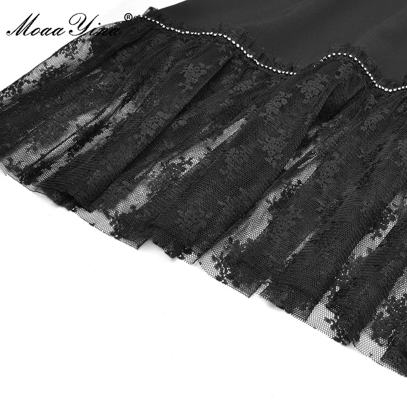 

MoaaYina New 2021 Fashion Runway Summer Party Dress Women's Black Short sleeve Hollow out Beading Lace Splice Elegant Midi Dress