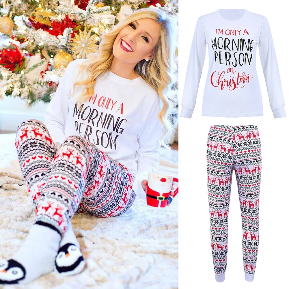 

Women Crew Neck Warm Pajamas Christmas Elk Print Sleepwear Long Sleeve Family Top+Pant