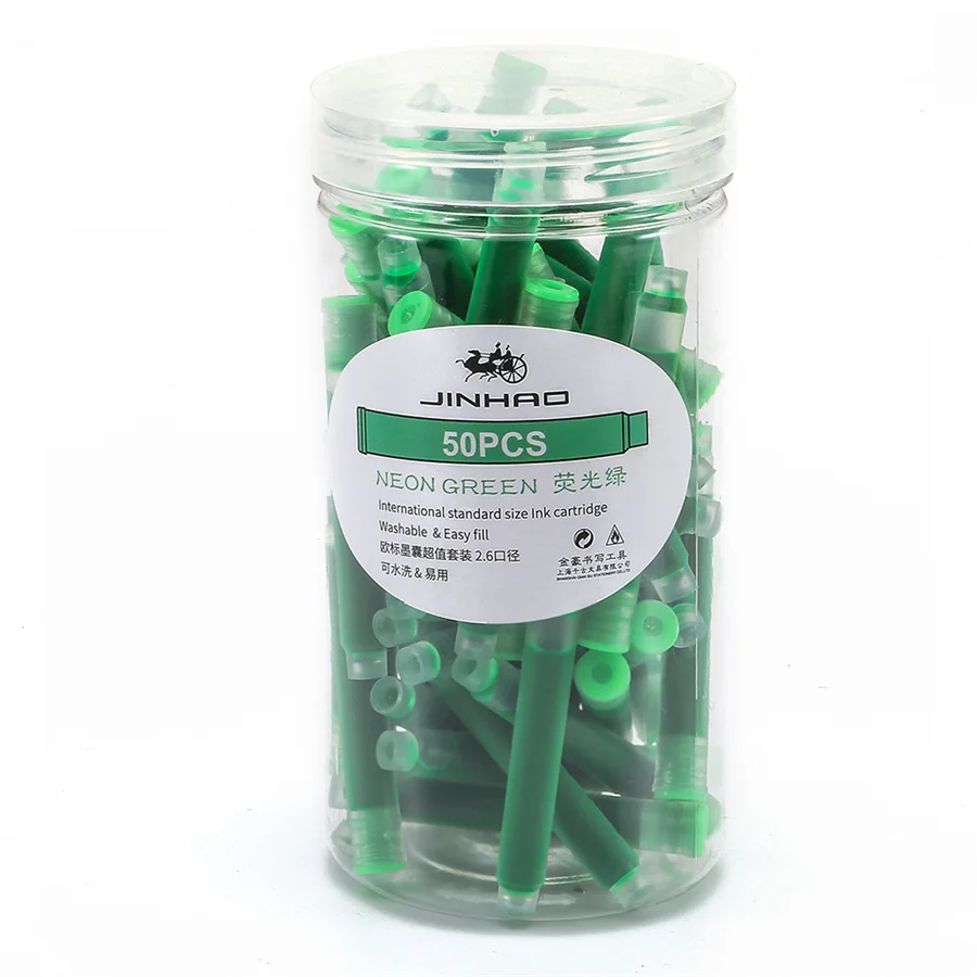 Neon Green 50 шт цветные чернильные картриджи, коробка для перьевая ручка Jinhao 2,6 мм, международный стандарт, сменные канцелярские принадлежности для офиса и школы A6612 - Цвет: Neon Green