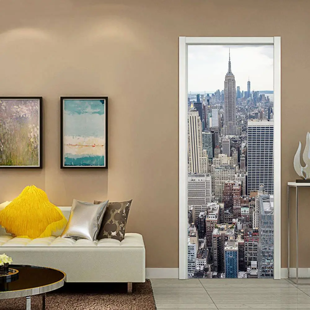 Дверные наклейки городская сцена домашний декор сделай сам самоклеящиеся обои