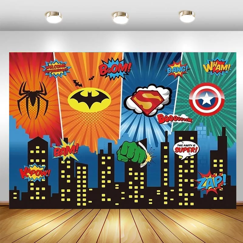 Фон для фотосъемки с изображением супергероев городских зданий мальчиков