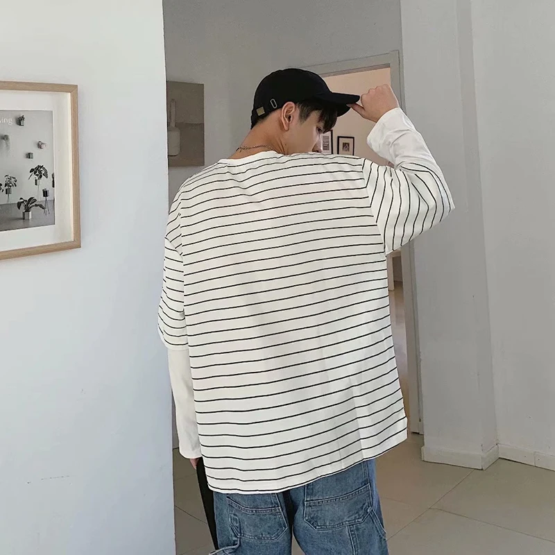 

2021 New Stitching Striped Long-Sleeved T-Shirt Harajuku Fall All-Match Style Casual Patchwork Clothes Funny Cotton Couple Tops