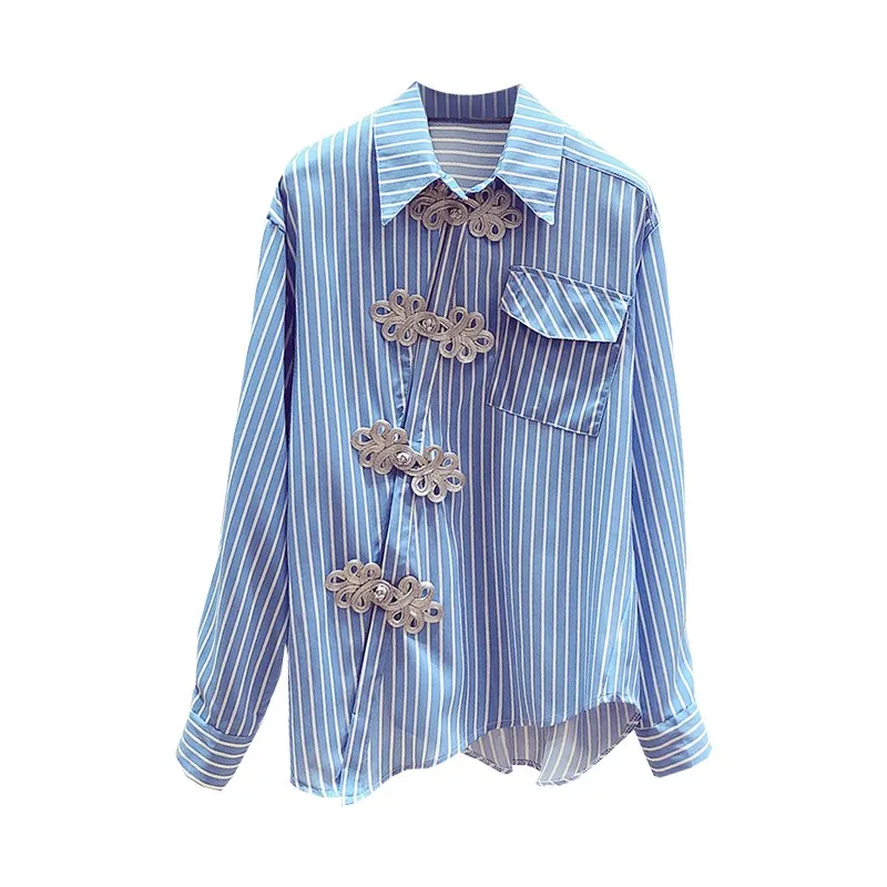 

Vintage Embroidery Button Women Shirts 2021 Summer New Pocket Irregular Pocket Long-Sleeved Female Lady Outwear Coat Tops