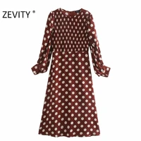 zevity new women vintage o neck polka dot print elastic midi dress office ladies chic puff sleeve casual business vestido ds4566