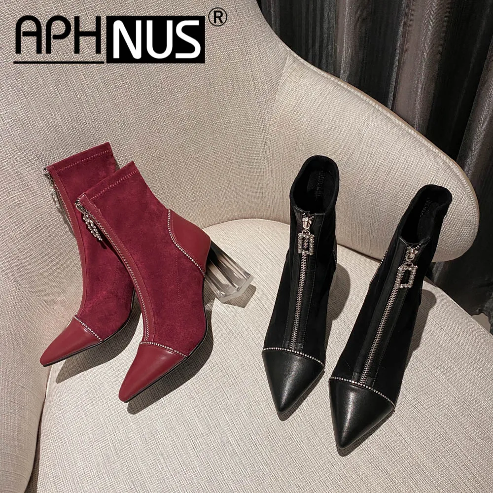 

APHNUS Womens Boots Short Ankle Booties Mid High Heels Pumps Woman 2020 Shoes For Women New Boot
