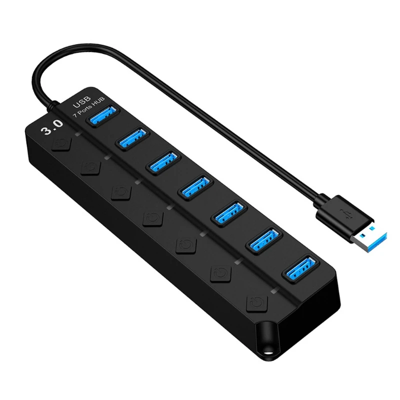 

7 Ports USB 3.0 HUB No Driver Required, USB Extension with Switches Power Adapter Support Splitter Computer Accessories