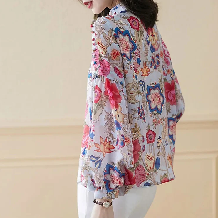 

Shirt women long sleeve spring 2020 fashion printed shirt stand collar Lantern Sleeve mulberry silk top women blouse cotton