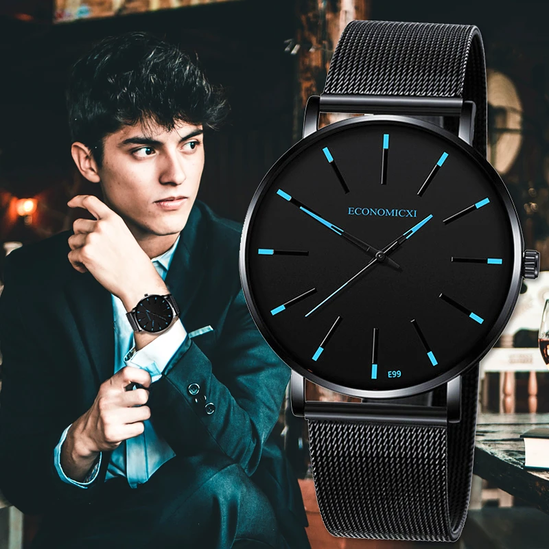 Новые черные мужские часы кварцевые сплав сетка многоцветный указатель матовый
