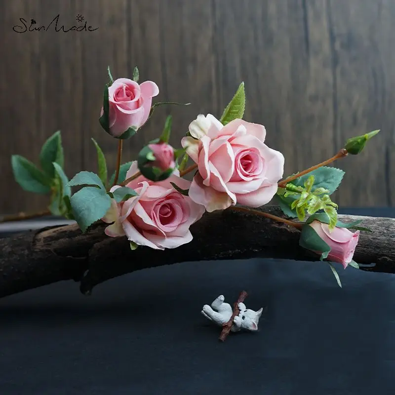SunMade нежная многоголовая Роза шелковые искусственные цветы розы с листьями