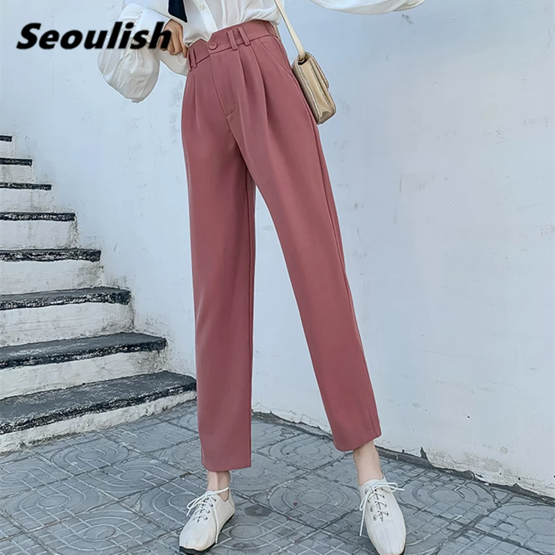 

Женские шаровары до щиколотки, деловые элегантные офисные брюки с высокой талией, в Корейском стиле, с карманами, для весны, 2020