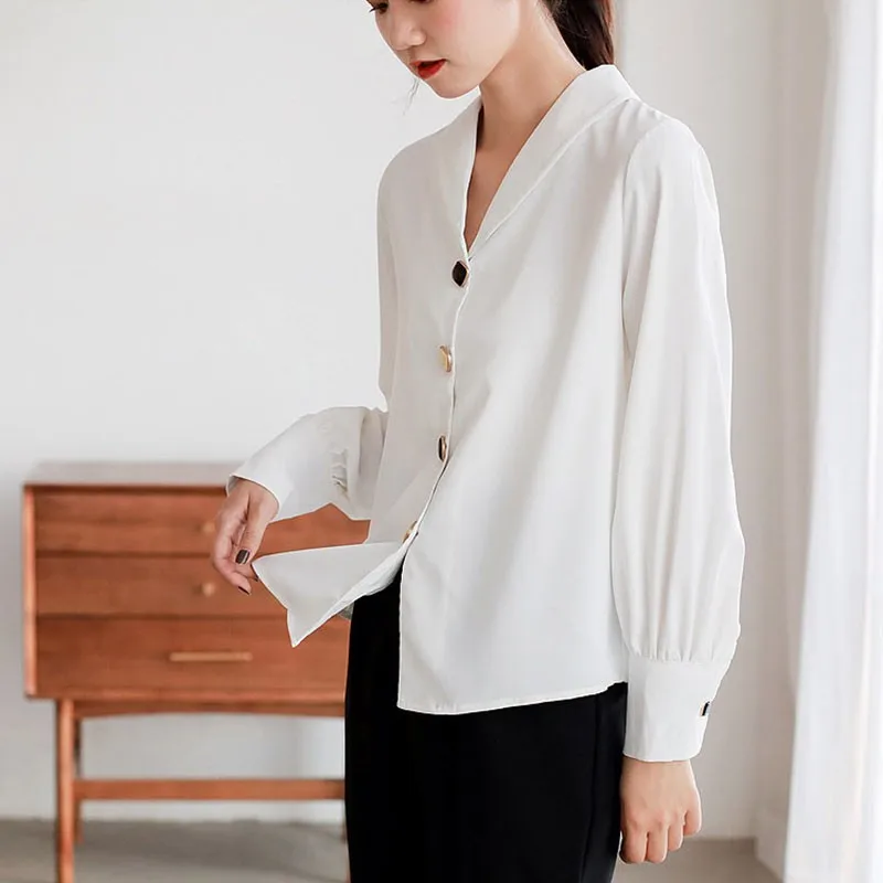 

Women Long Sleeve Chiffon Shirts New 2021 Spring Korean Style Vintage V-neck All-match Office Lady Elegant Casual Tops W100