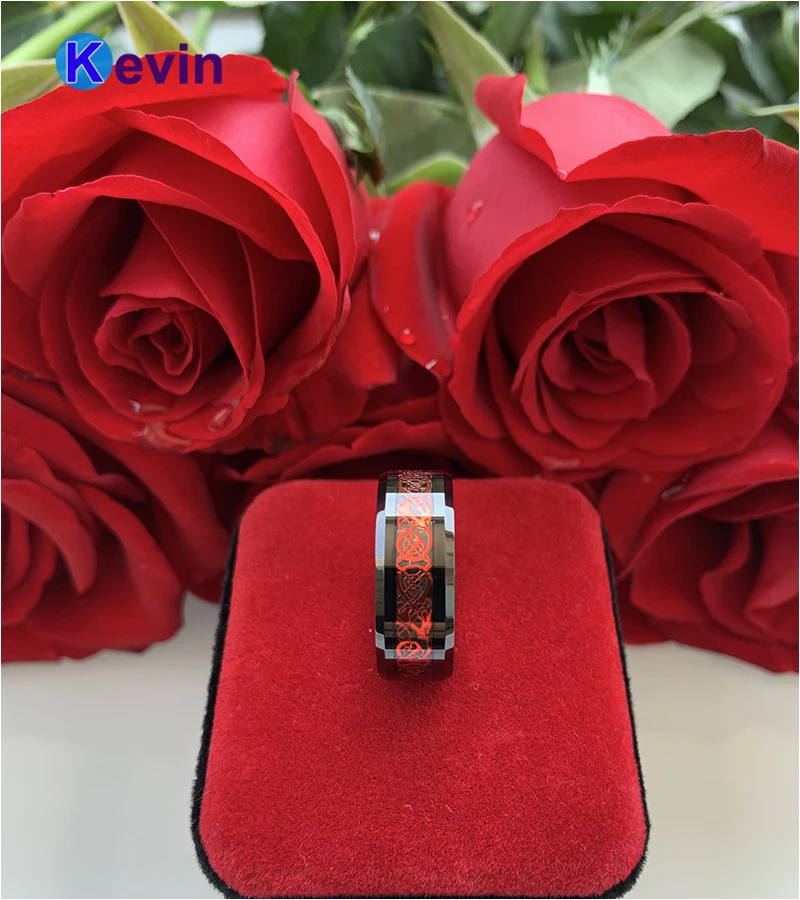 Mens Womens Engagement Wedding Rings Tungsten Ring With Black Carbon Fiber And Red Dragon Inlay | Украшения и аксессуары
