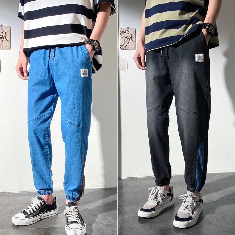 Мужские брюки с модным принтом лоскутные Homme эластичная резинка на талии черные