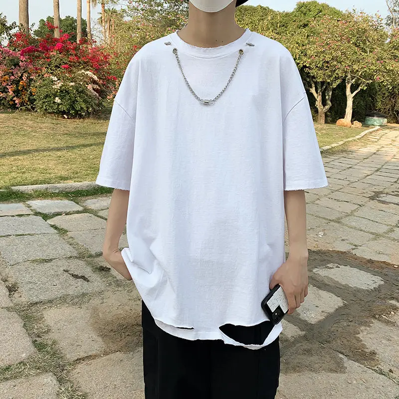 

Summer Ripped Hole Men Tshirt Short Sleeve Korean Style Cool Clothing Whit Chain Oversized Punk Hip Hop Black White High Street