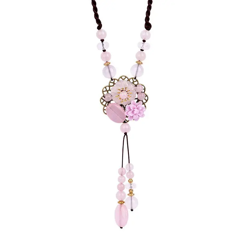 

Sweater Chain Long Necklace Pink Women Beaded Chinese Ethnic Sweater Chain Jewelry