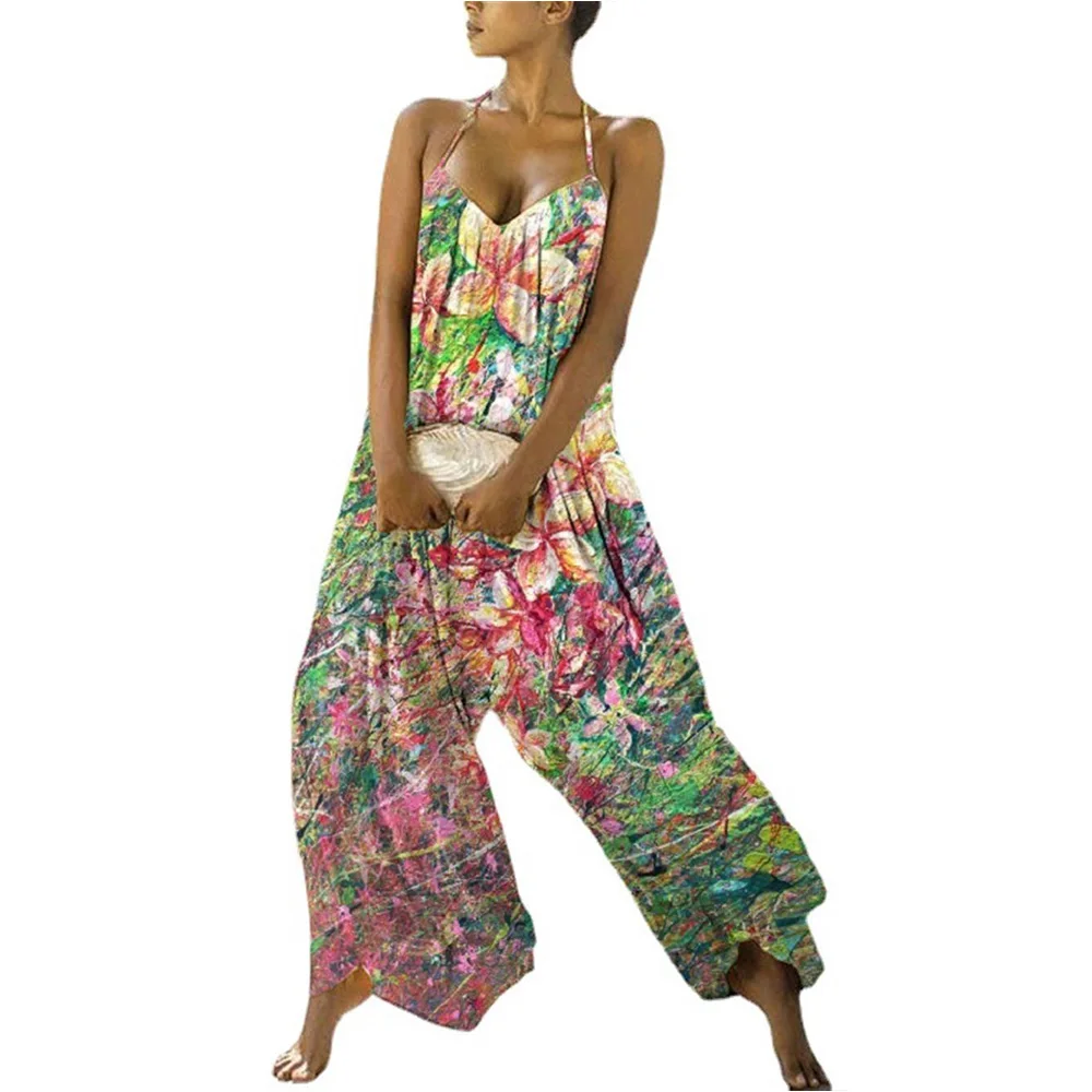 

Floral Print One Piece Jumpsuit Summer Beach Casual Sexy Romper Women Fashion V neck Wide Leg Jumpsuit Long Women Romper