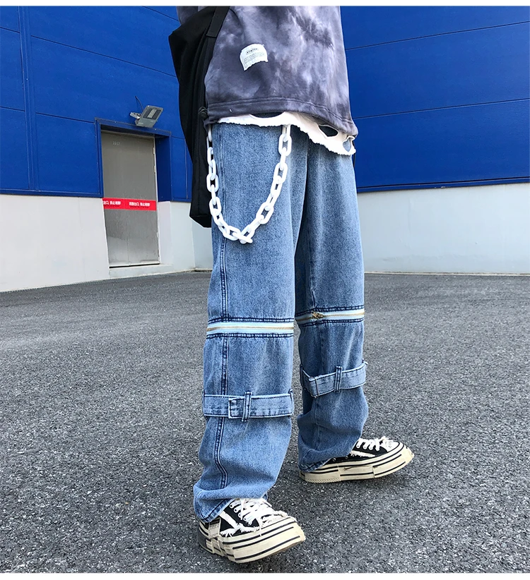 Мужские и женские уличные панк корейские джинсы Harajuku съемное кольцо с молнией пояс Завитая лента свободные джинсовые женские укороченные брюки больших размеров шаровары Хип-хоп