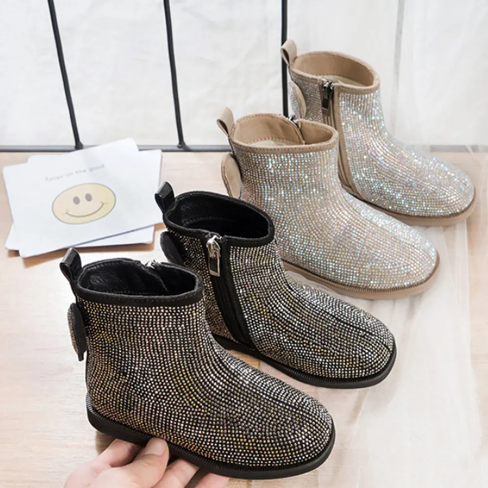 

Girls Rhinestone Cystal Boots Short Sparkle Glitter Shiny Shoes Party Khaki Shoes for Winter Christmas New Years Gift Shoes