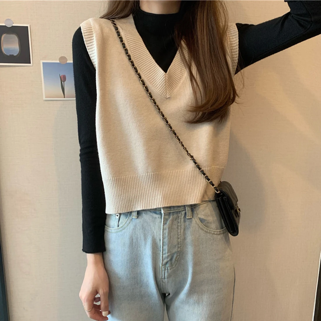 

V-neck Solid Sleeveless Knitted Vintage Loose Oversized Female Sweater Vest Y2K V-Neck Vests Long Sections Fashion Leisure Vest