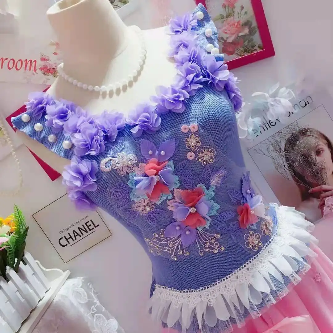 

Icing Ruffle Knitted Fancy Lavender 3D Flower Beaded Party Tank Top Women Ladies Summer Tanks Camis Fairy Grunge Clothes