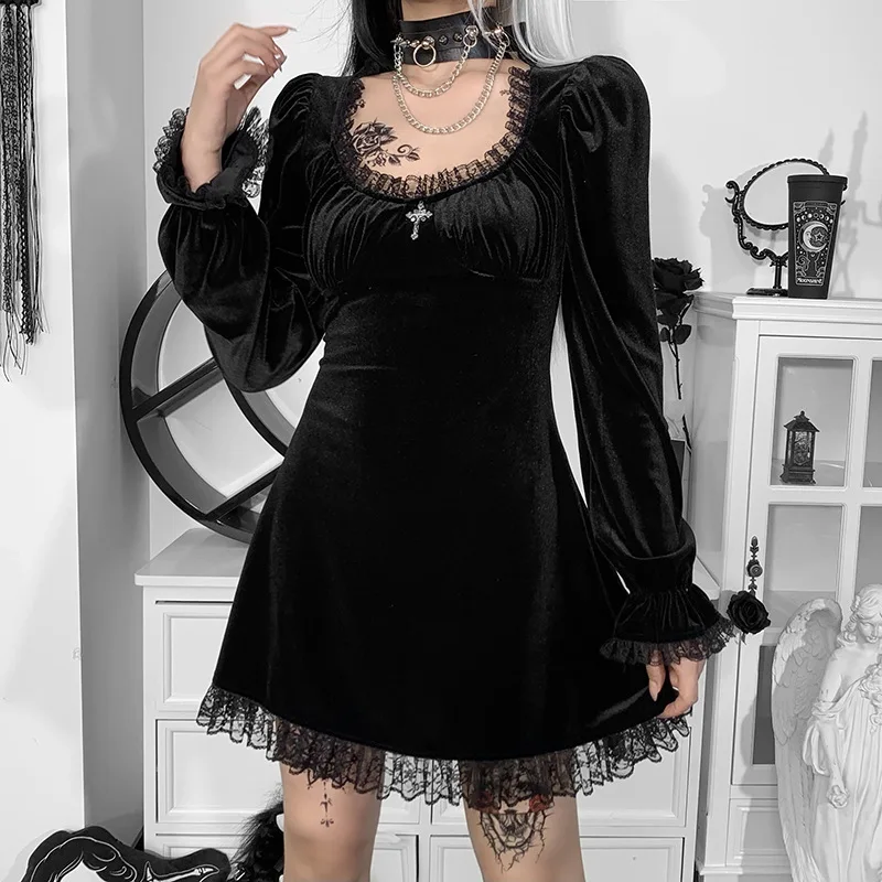 2000s Retro Velvet Black Mini Dress Fairy Grunge Vintage Lace Trim Puff Sleeve A-line Dress E-girl Mall Gothic Aesthetic Clothes