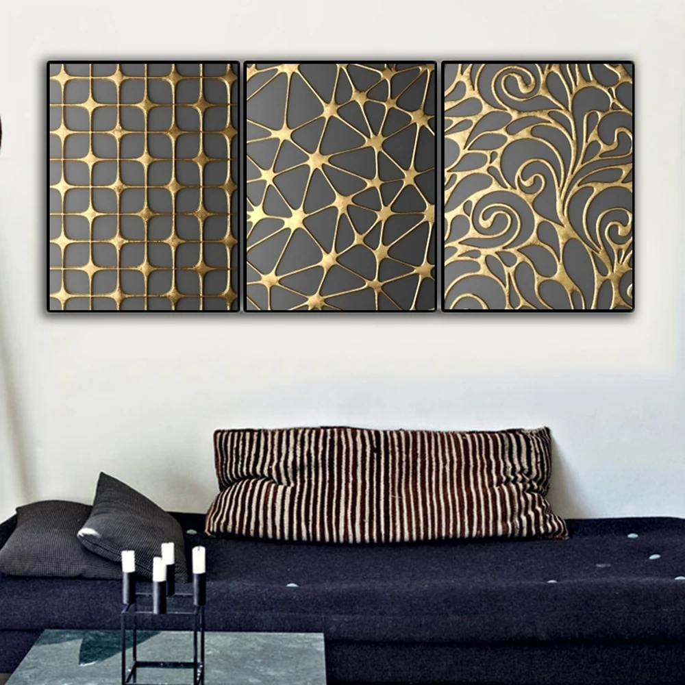 Laeacco Abstract Geometric Black Golden Line Texture Living Room Wall Painting study room office porch hanging painting Mural | Дом и сад