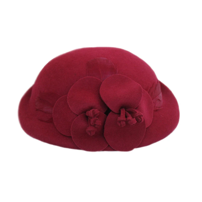 Wine Red FS винтажная шерсть фетровая шляпа-котелок для женщин Черный Красный Цветочный чародей теплая зимняя церковная Кепка женская свадебная шляпа - Цвет: Wine Red