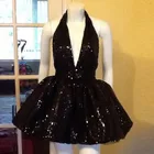 Сексуальное черное короткое коктейльное платье с блестками, с открытыми плечами, с открытой спиной, для официальной вечеринки, выпускного вечера