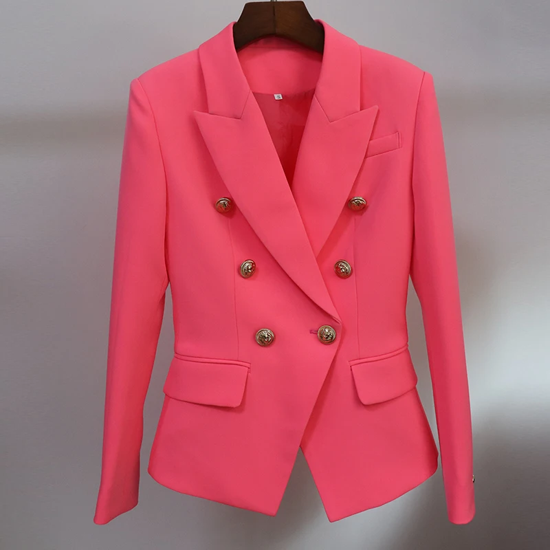 

Newest 2021 Classic Designer Blazer Women's Metal Lion Button Double Breasted Blazer Jacket Fluorescent Orange Pink