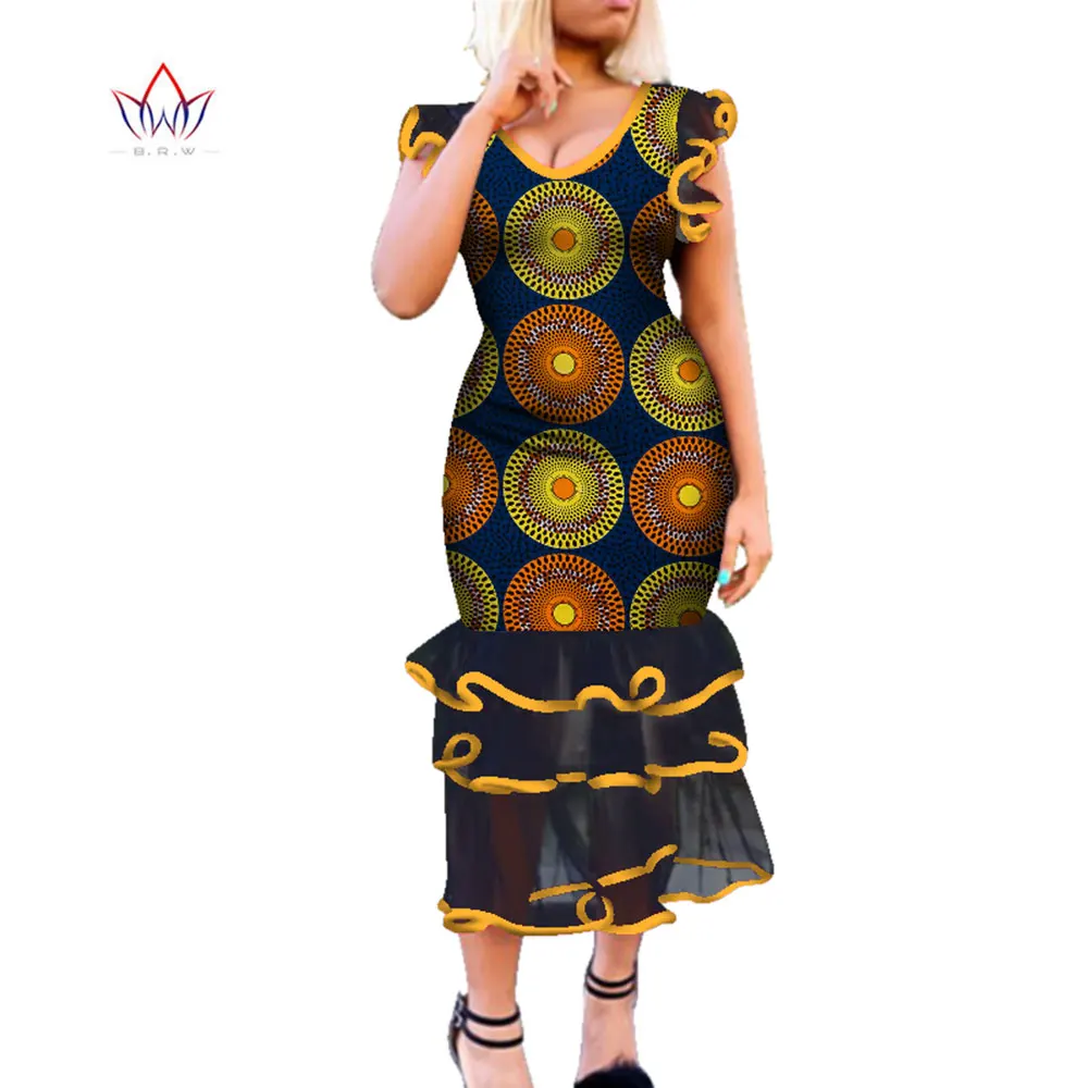 

Bazin Riche African Dresses for Women Dashiki Ankara Print Draped Ruffles Lace Dresses Vestidos Women African Clothing WY4335