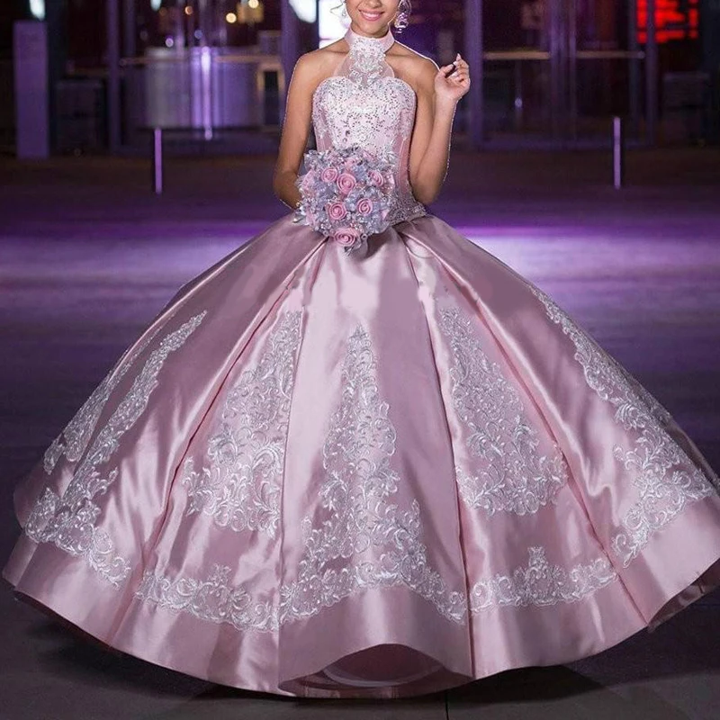 

Красивое Розовое милое платье 16, сексуальное кружевное бальное платье с аппликацией и лямкой на шее, платье для выпускного вечера, атласное ...