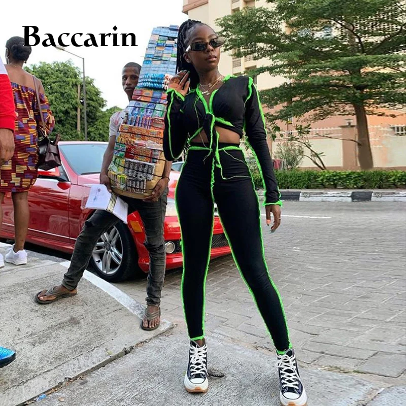 

Baccarin ribbed patchwork women two piece set crop top bow tie v neck leggings bodycon sexy streetwear matching workout fitness
