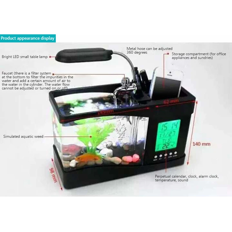 Аквариумный мини аквариум со светильник кой ЖК экран и часы аквариумное