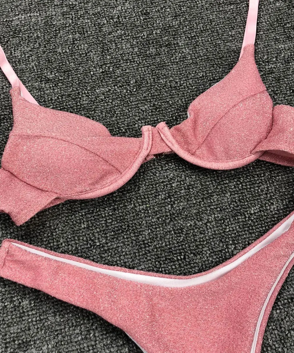 Блестящее бикини из двух частей серебристый летний купальник с бюстгальтером на