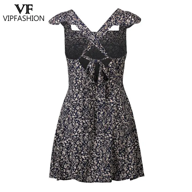 

VIP FASHION Floral Square Collar Backless Dress Sleeveless A-Line Short Skirt High Waist Strap Print Summer Dress Women Casual