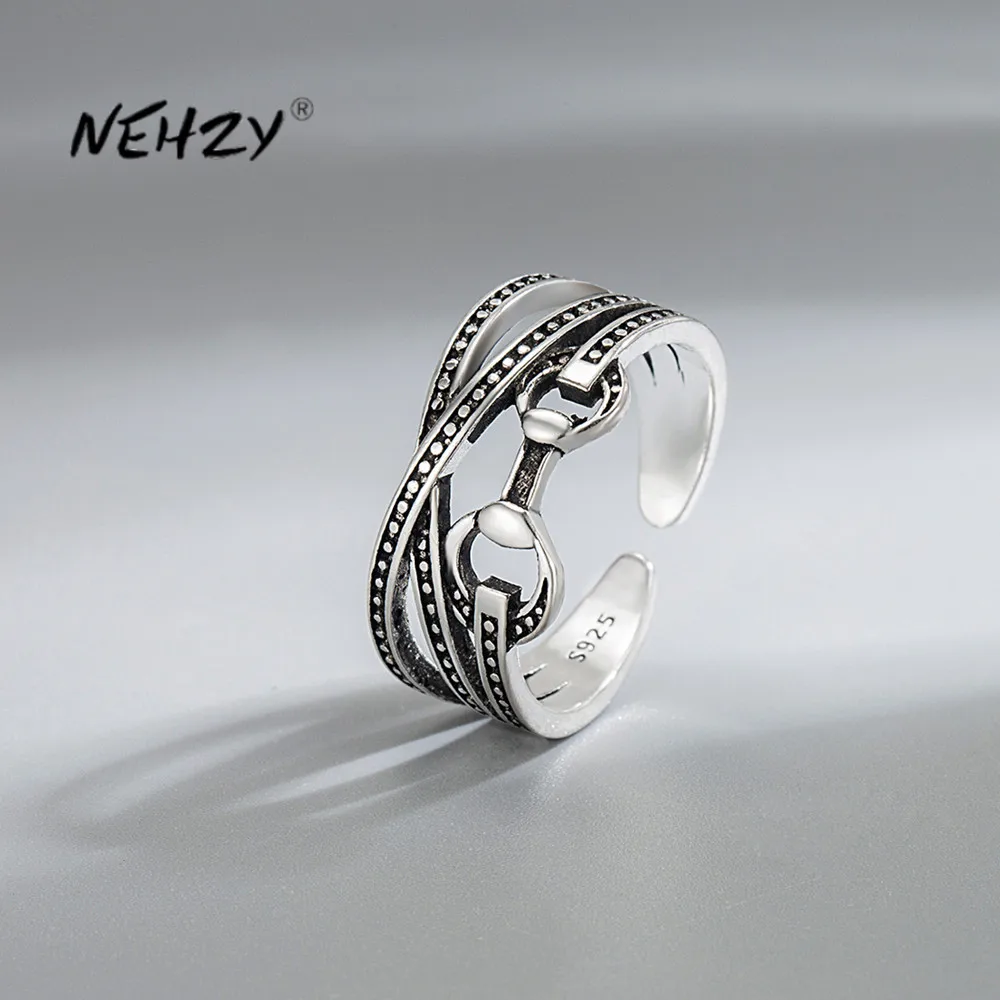 

NEHZY S925 Stamp silver new woman fashion jewelry high quality hollow retro black ring opening size adjustable ring