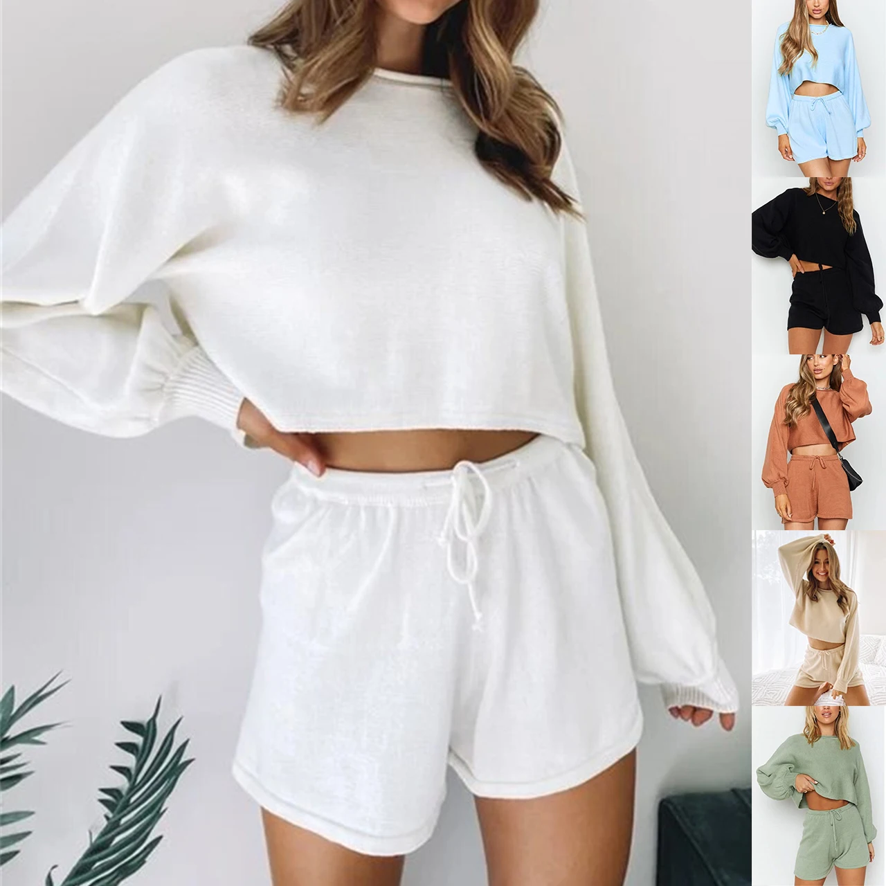 

Summer Women Shorts Sets Womens Tracksuit Set Jogger Two Piece Shorts Suit O-Neck Long Sleeve Elastic Waist Shorts Casual Suit