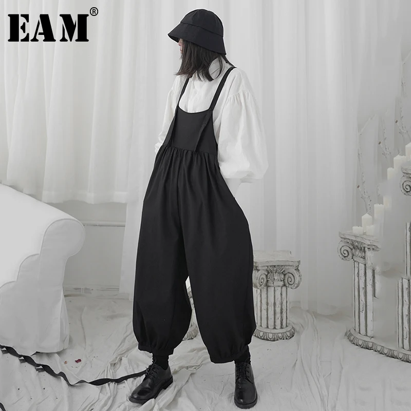 Женский Длинный комбинезон EAM черный Свободный с высокой талией брюки большого