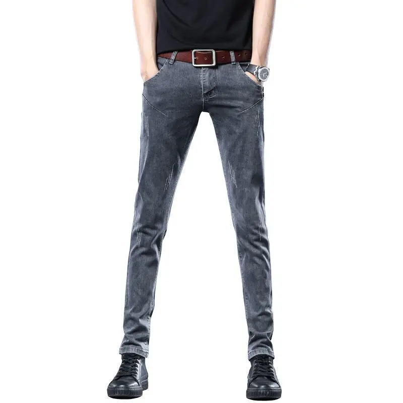 

Spring 2021 Men's Slim Fit Ankle-Tied Straight Casual Trousers Teenagers Button Decorations Gray Jeans