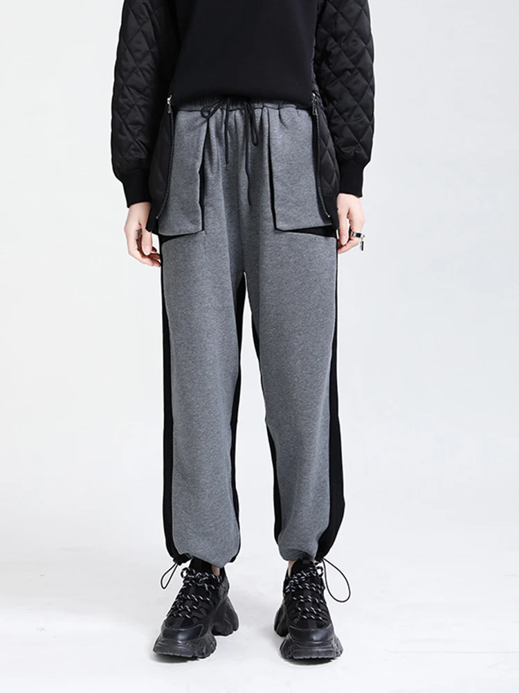 XUXI 2021 Spring Autumn Women Movement Pants Loose Tie Feet Color Matching Fashion Slim Gray Harem Pants Trousers E1832