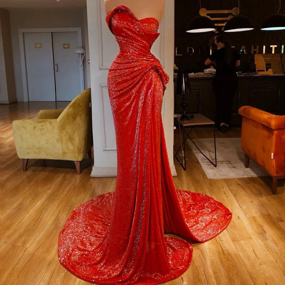 

Sexy Sequined Split Evening Dresses Ruffles Formal Court Train Evening Prom Gown Elegant Mermaid Formal Gown