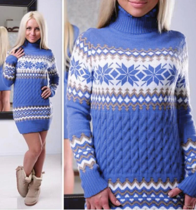 ZOGAA Long Sweater Women 2019 Winter Turtleneck Knitted Christmas Turn-down Collar Printed Pullovers Female Jumpers | Женская одежда
