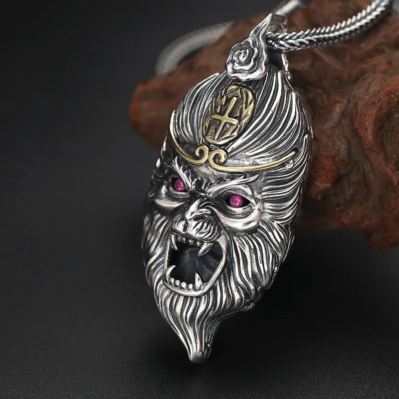 Real 925 Sterling Silver Pendant Thai Retro Personality Domineering Battle Wins Buddha Sun Wukong men's Jewelry | Украшения и
