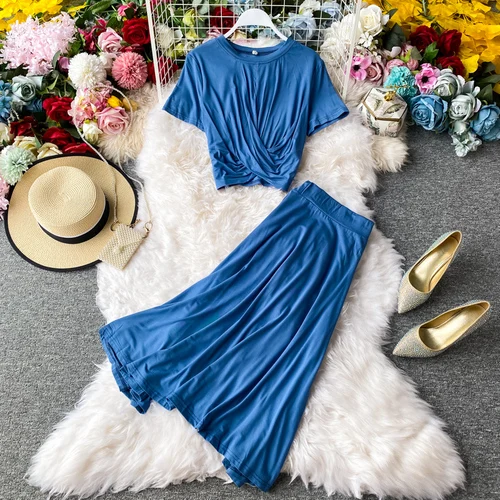 

2 Piece Set Knot O Neck Short Sleeve T Shirts+Elastic High Waist A Line Skirts Elegant Fashion Summer 2 Piece Suits