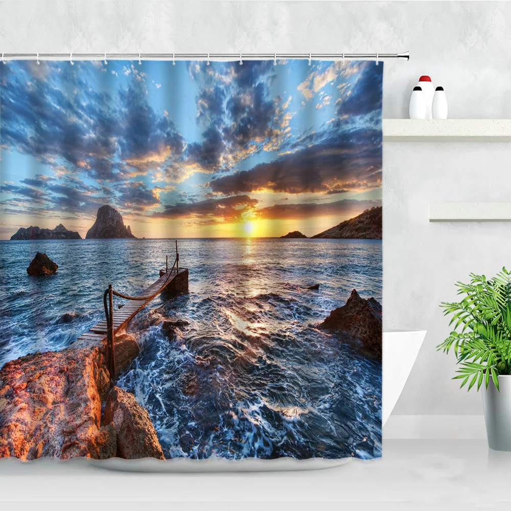 

Ocean Night Scenery Shower Curtains Coconut Tree Pavilion Wooden Bridge Waterproof Cloth Bathroom Decor Screen Bath Curtain Set