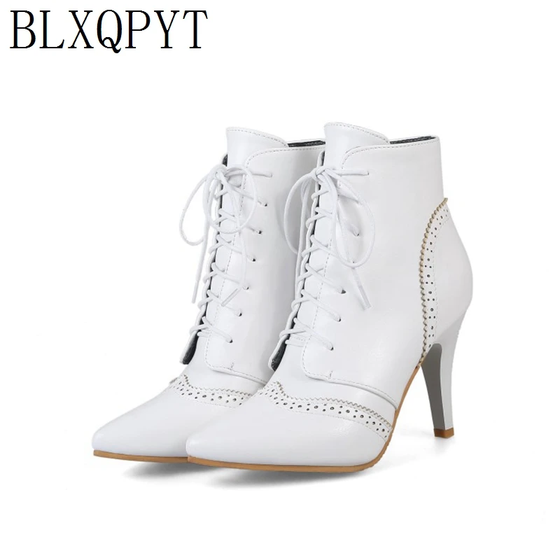 

BLXQPYTSize 32-46 Ankle boots for women Pointed toe High Heels 8cm Winter Warm Autumn Boots Party Wedding Pumps Shoes woman A-2
