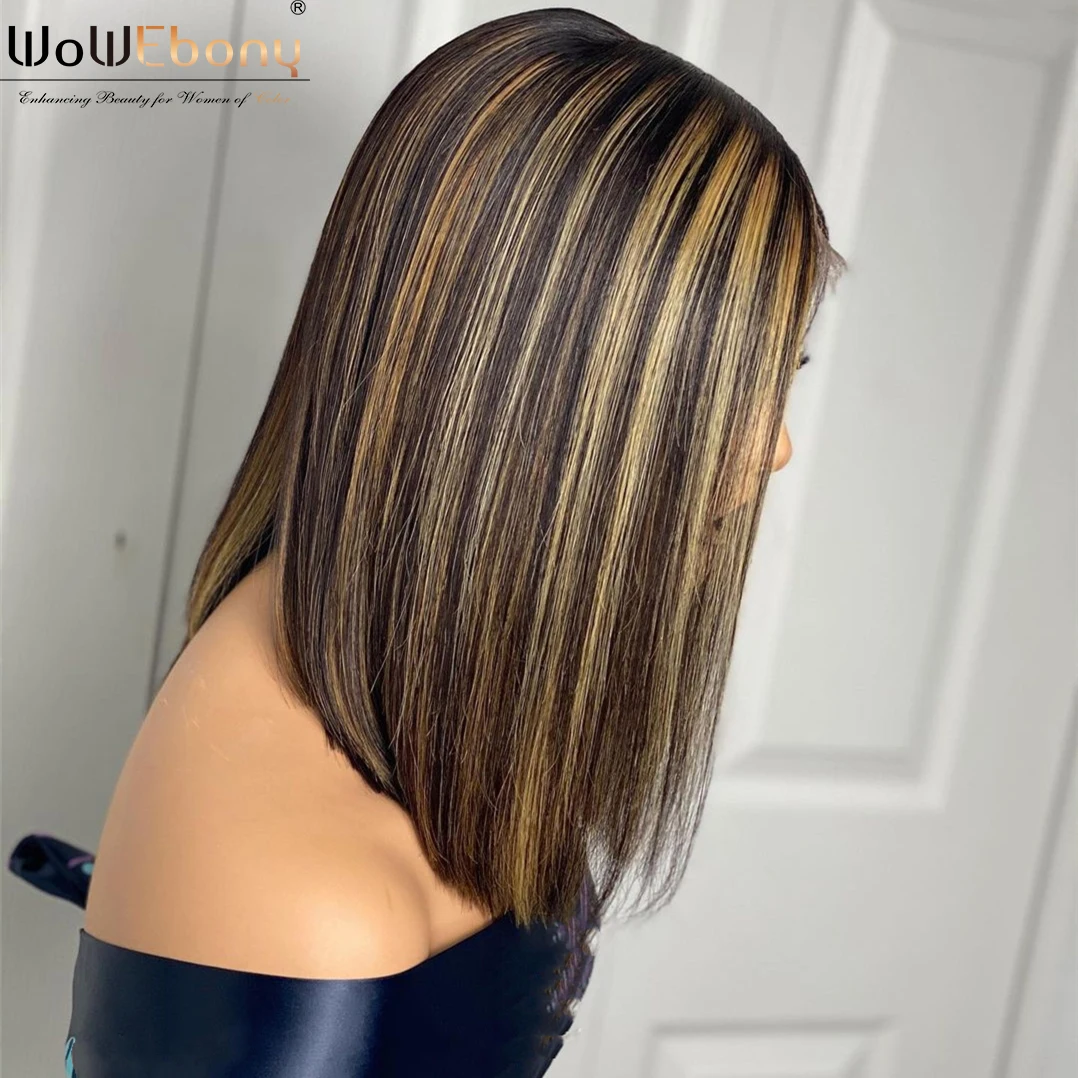 Jual Wig WoWEbony Rambut Palsu Manusia Depan Renda Highlight Pirang Madu Wig Remy Bagian T Bob Pendek Lurus Coklat Ombre Untuk Wanita